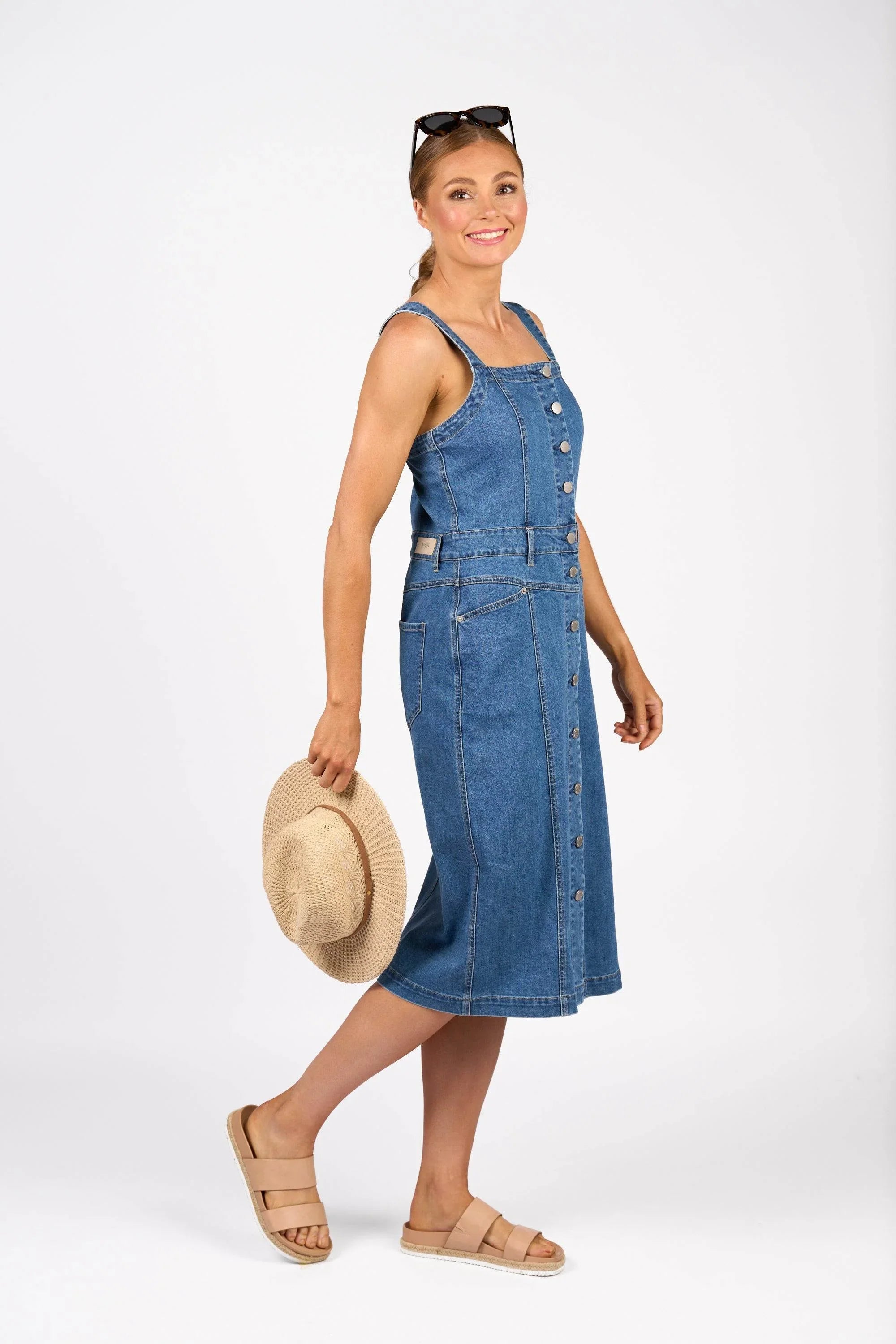 KNEWE Label women's K1062 Novel Dress Blue in Denim - close-up fabric detail