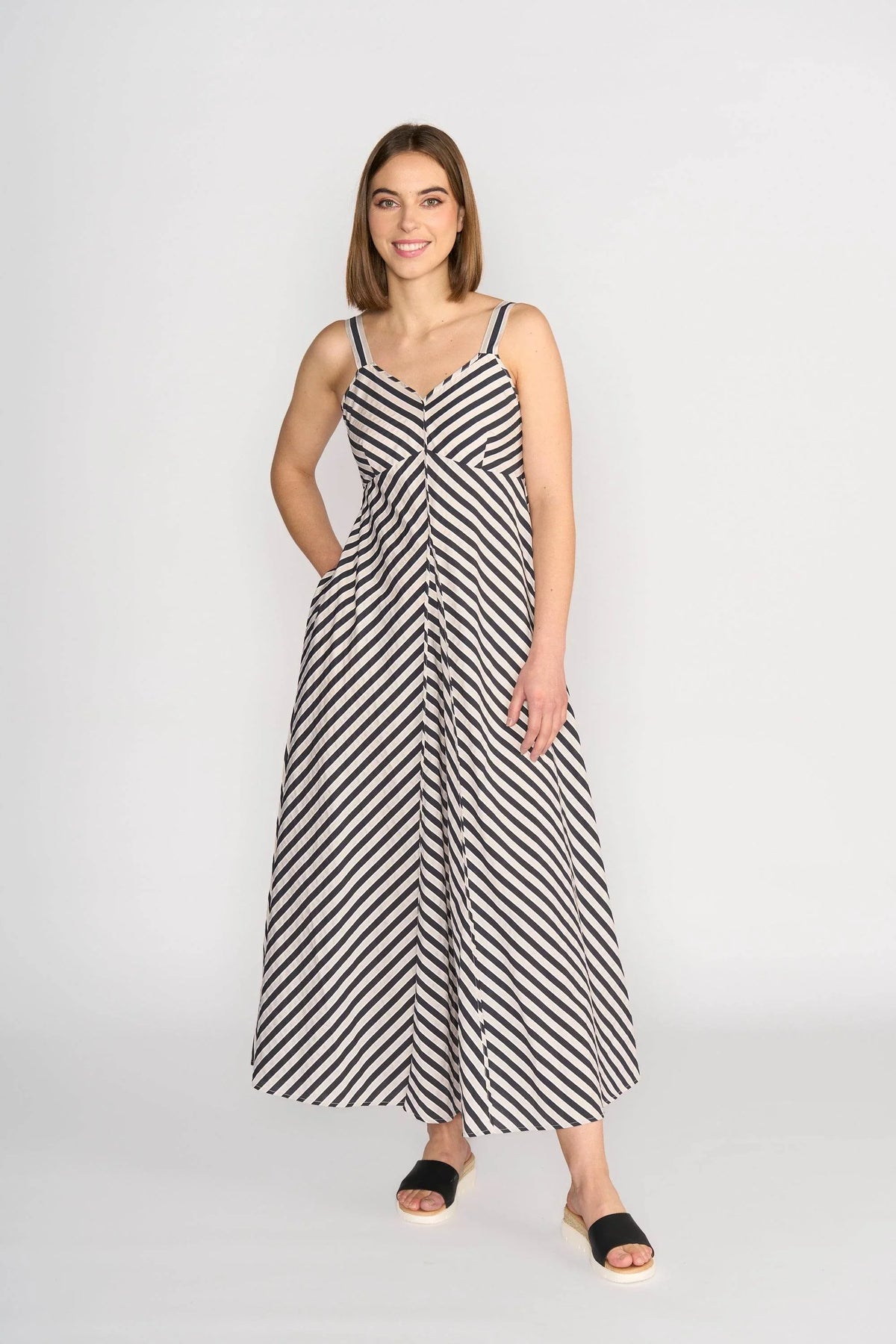 KNEWE Label women's K1067 Gala Dress Black Ecru in Stripe - close-up fabric detail