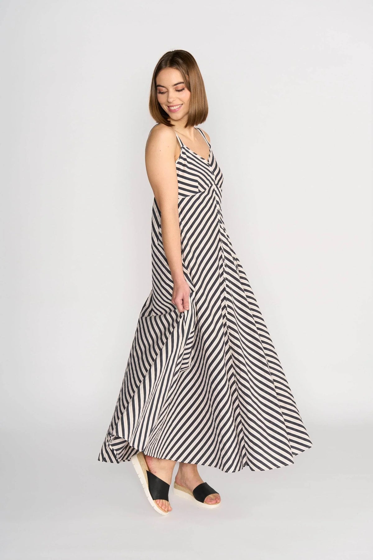 KNEWE Label women's K1067 Gala Dress Black Ecru in Stripe - close-up fabric detail
