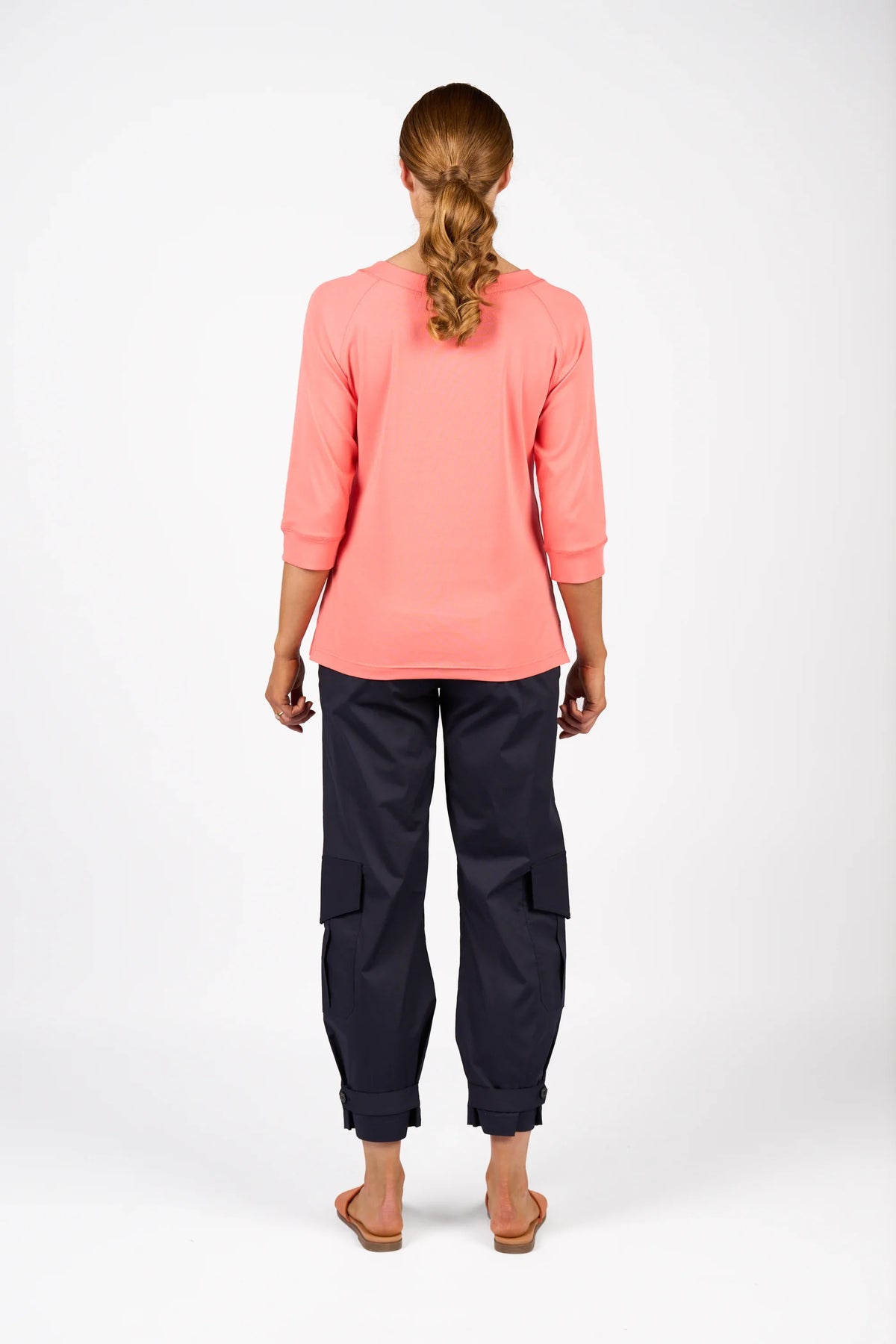 KNEWE Label women's K3051 Status Tee in Coral - close-up fabric detail