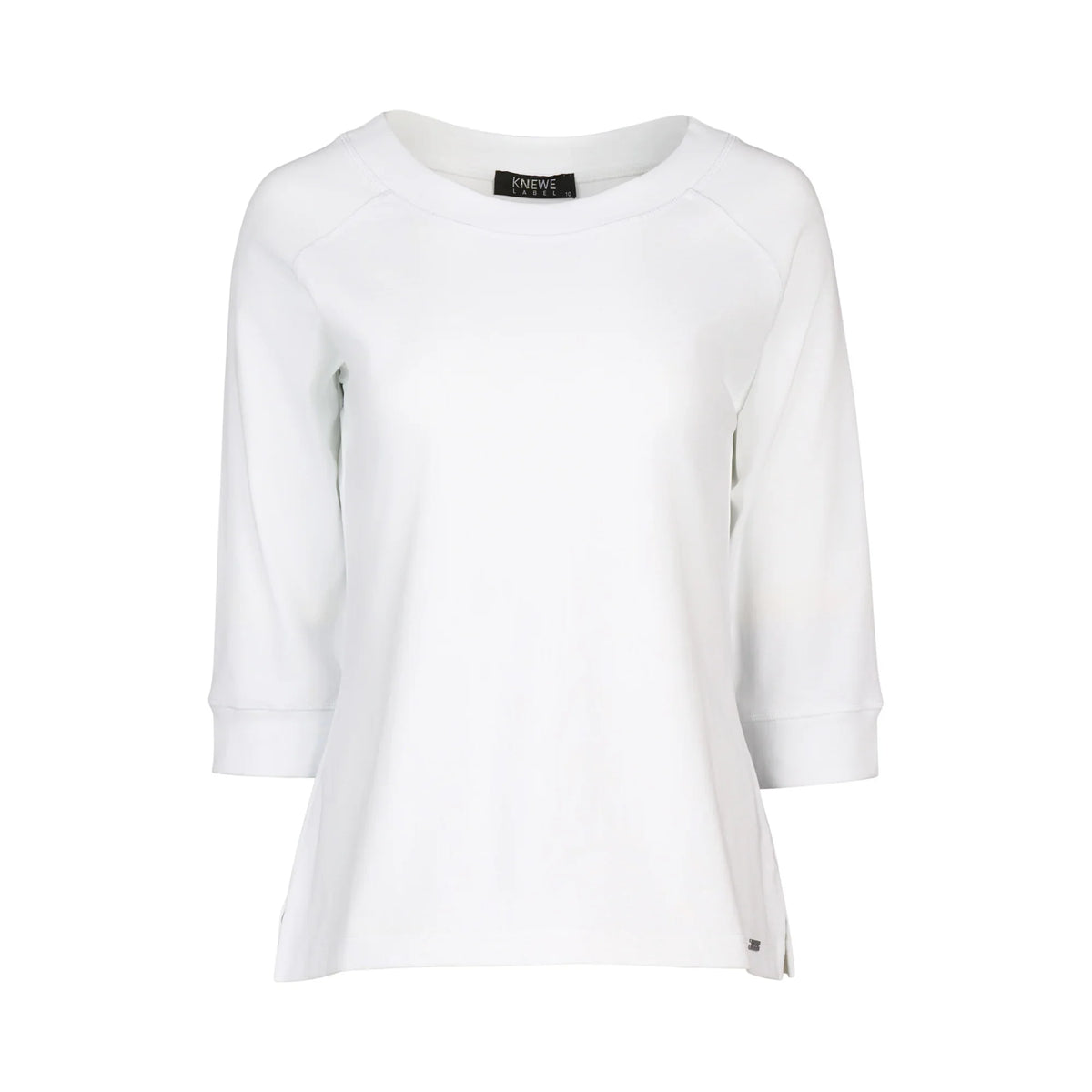 women's white three-quarter sleeve tee with crew neckline on white background