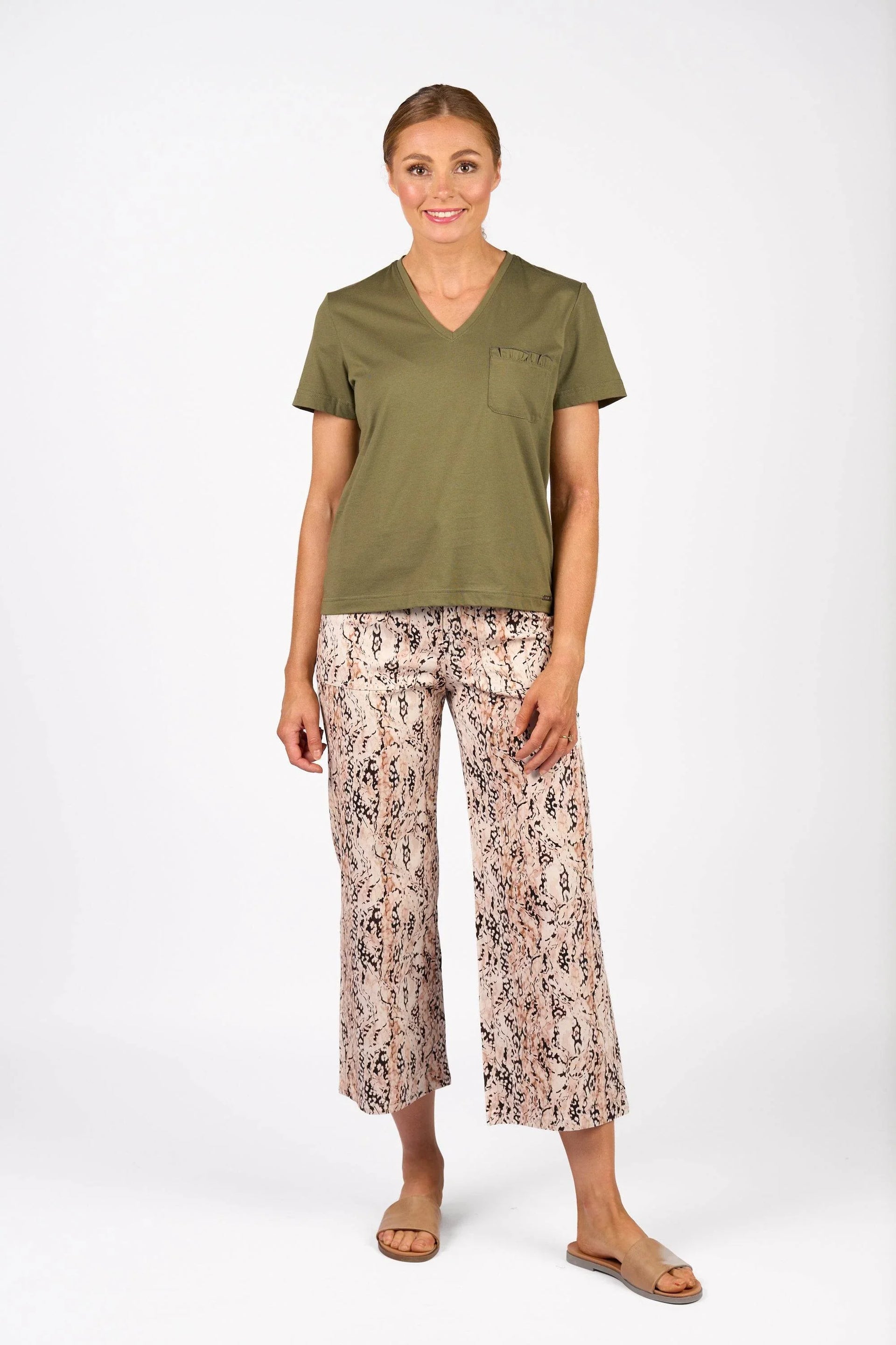 KNEWE Label women's K3061 Mila Tee in Olive - close-up fabric detail