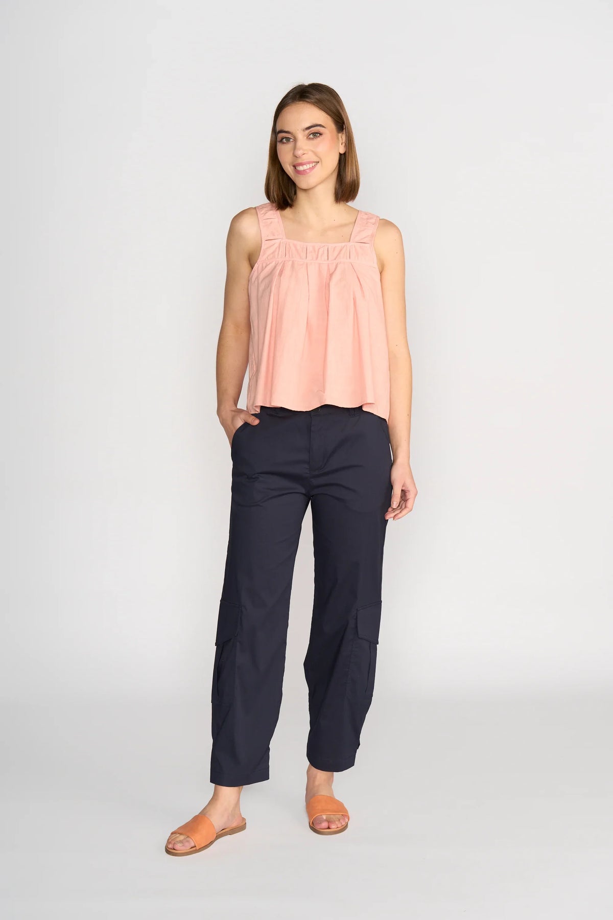 KNEWE Label women's K5096 Evolve Top Coral in Check - close-up fabric detail